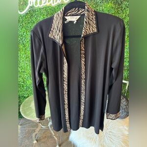 Mistook black open from long cardigan with animal print trim